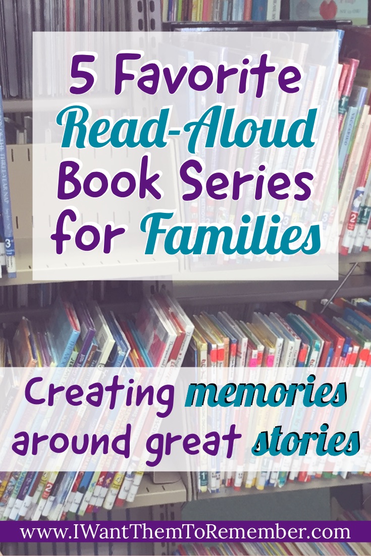 Read aloud book series for families title over library shelves