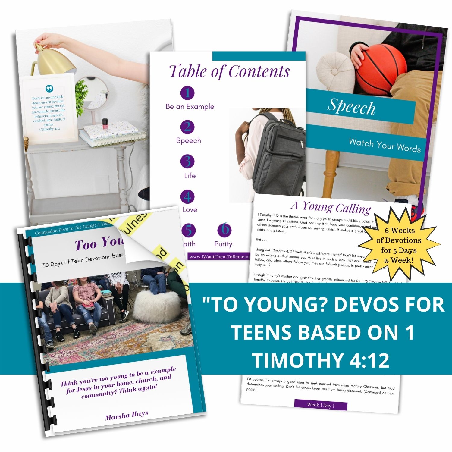 Pics of pages from Too Young? Devos for Teens on 1 Timothy 4:12