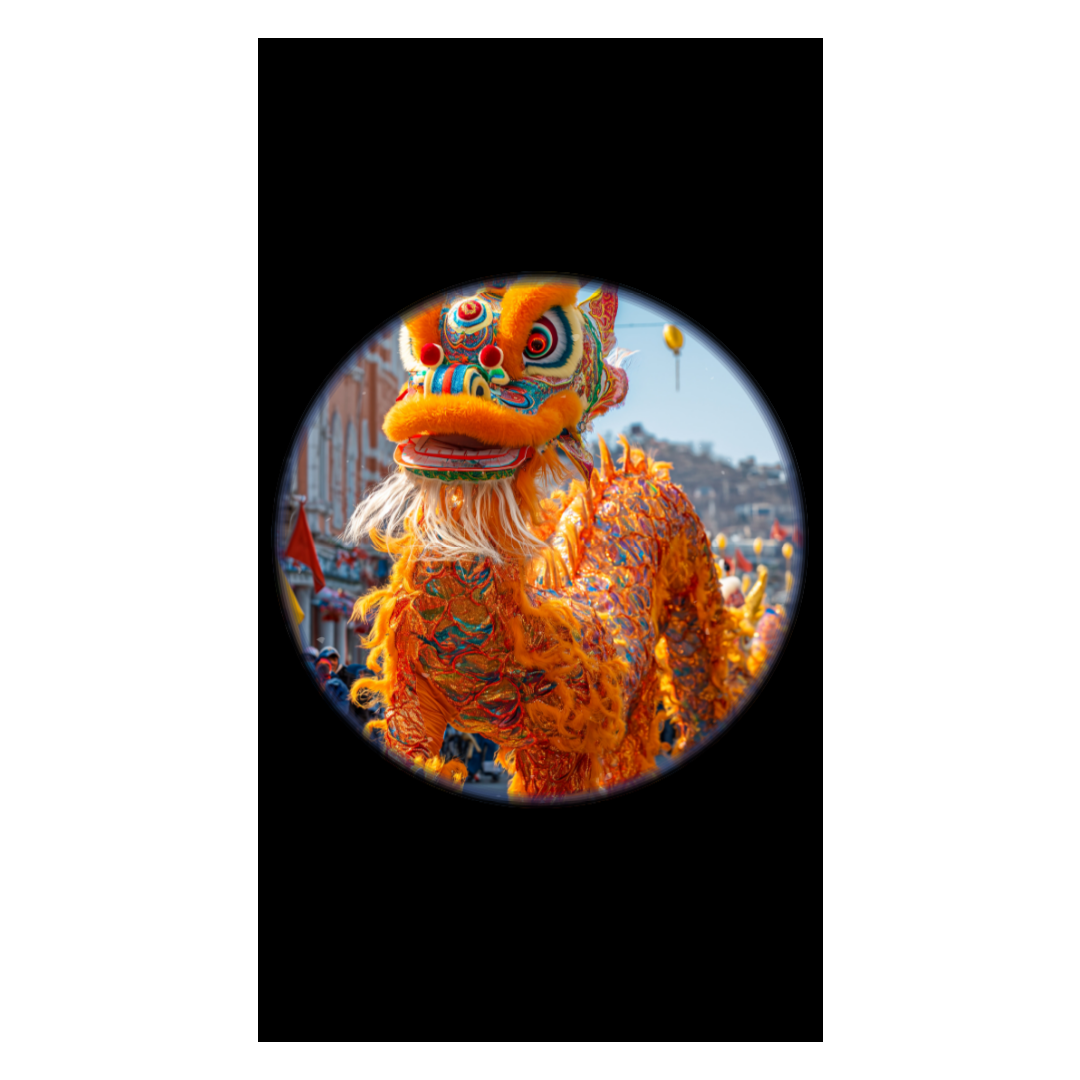 Chinese dragon in a parade seen through a hole